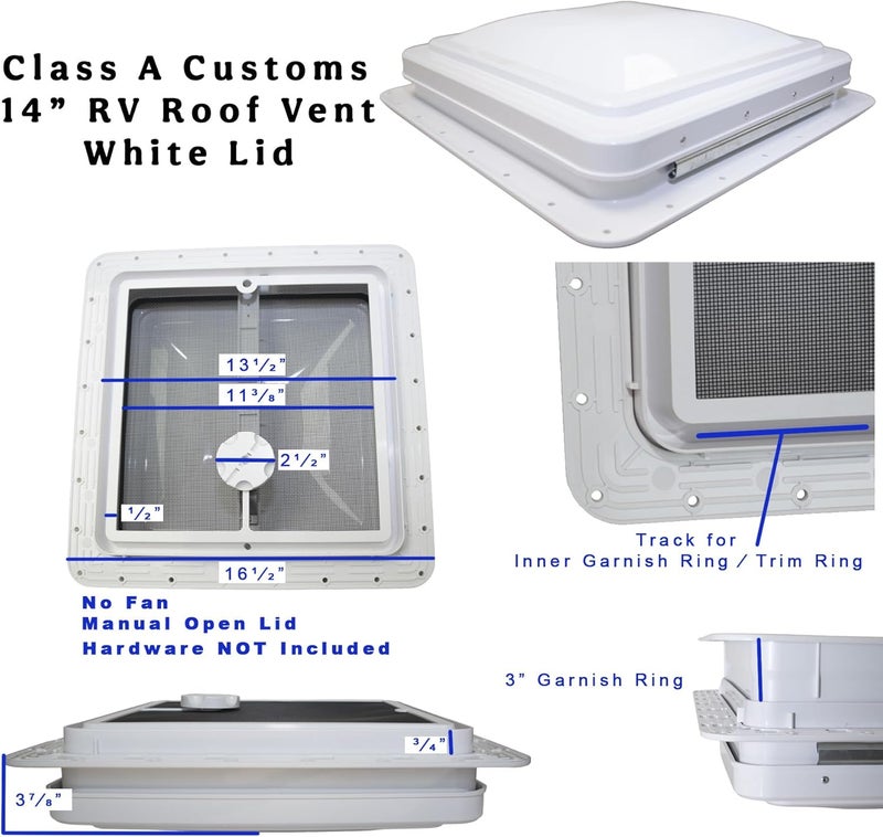 classAcustoms 81111-3G | 14" RV Roof Vent | 3" Garnish Ring | Non Powered | White Lid | Manual Crank | for RV's | Cargo Trailer | Camper and Motorhome (3" Garnish) - Image 4